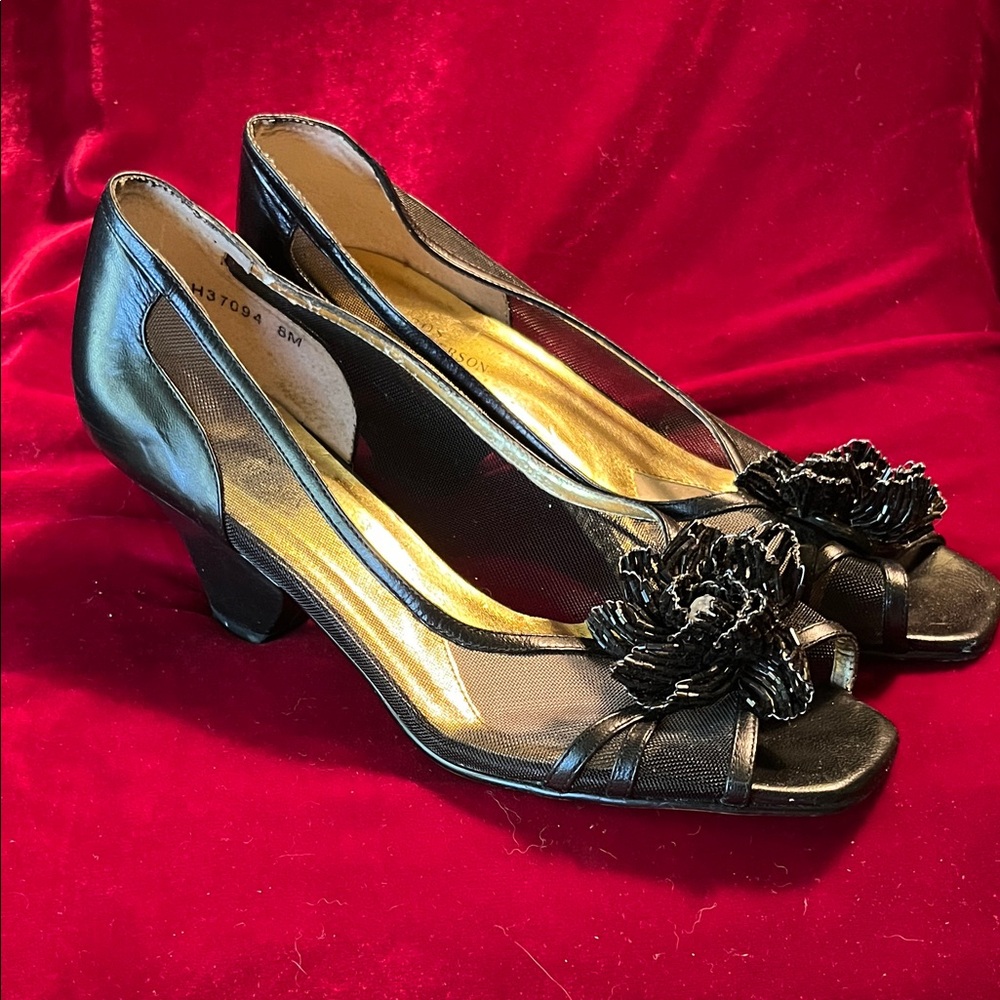 Ros Hommerson Black Peep-Toe Heels with Floral Detail & Diamond Center